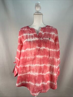 John Mark Pink Coral Tie-Dye Linen Tunic Blouse Size M EUC